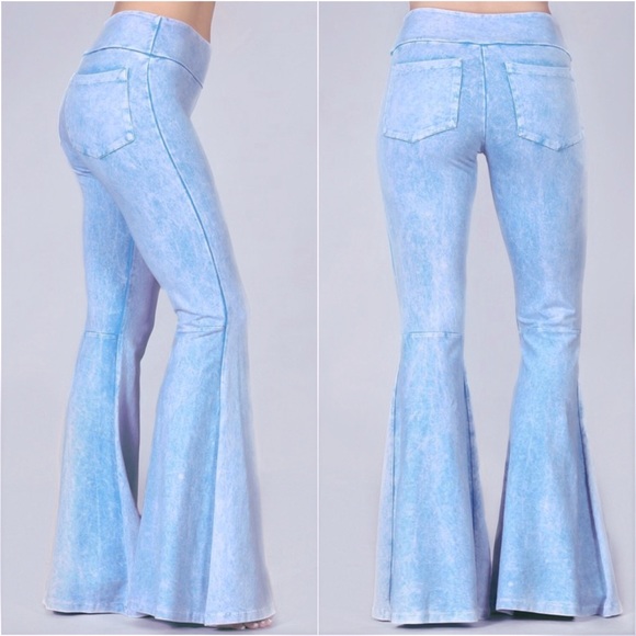 SOFT BLUE WASH MINERAL WASHED FLARE BELL BOTTOM PANTS - Picture 2 of 9